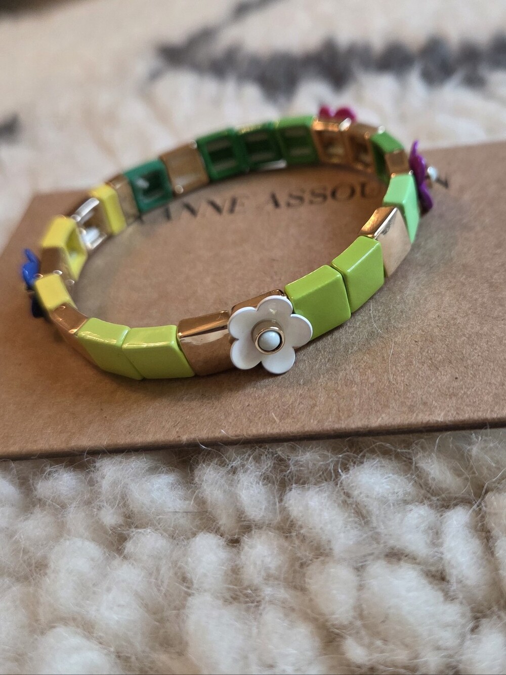 Roxanne Assoulin Colorful Garden Flower Tile Stretch Enamel Gold Bracelet New